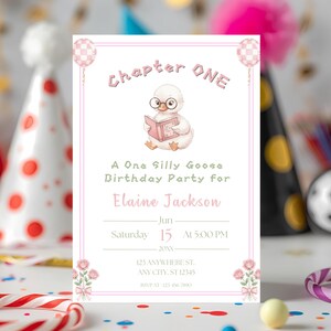Chapter One Birthday Invitation Template, One Silly Goose Theme, Bookish Girl Party, Pastel Pink Balloons, Editable Canva Printable