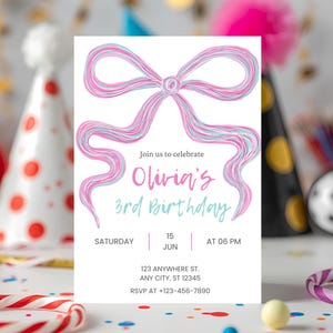 Pastel Ribbon, Bow Birthday Invitation, Template Editable Canva, Confetti Cupcake Party Invite, Girl Tween Teen Any Age, Digital Card