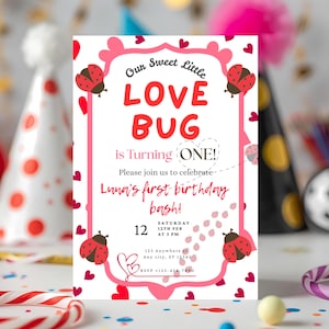 Love Bug 1st Birthday Invitation Girl, Editable Canva Pink, Lady bug Party, Template Digital Download, Sweet Bug Theme Card lb01
