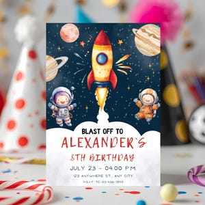 Geburtstagseinladung zum Thema Weltraum, bearbeitbare Canva-Vorlage, Einladung zur Astronautenparty, digitale Karte mit Galaxien- und Planetenmotiven zum Ausdrucken