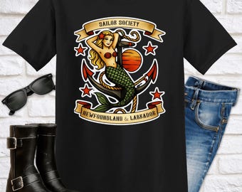 Sailor Society Mermaid T-Shirt | Vintage Nautical Pin-Up Graphic Tee | Newfoundland & Labrador Black Unisex Shirt