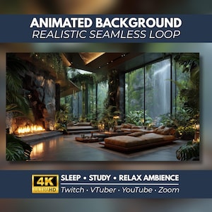 Può includere: Uno sfondo animato che mostra un lussuoso spazio interno con un camino, piante verdi rigogliose e una cascata visibile attraverso grandi vetrate. Il testo recita ANIMATED BACKGROUND REALISTIC SEAMLESS LOOP, 4K ULTRAHD, SLEEP, STUDY, RELAX AMBIENCE, Twitch, VTuber, YouTube, Zoom.