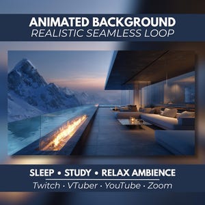 Könnte beinhalten: Ein animierter Hintergrund mit einer modernen Terrasse, einem langen linearen Kamin und einem Glasgeländer mit Blick auf schneebedeckte Berge in der Dämmerung. Text: ANIMATED BACKGROUND REALISTIC SEAMLESS LOOP, SLEEP • STUDY • RELAX AMBIENCE, Twitch • VTuber • YouTube • Zoom.