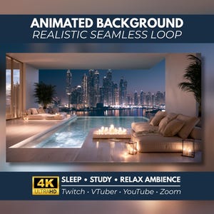 Könnte beinhalten: Ein animierter Hintergrund mit einer Luxusterrasse und einem Swimmingpool mit Blick auf eine nächtliche Skyline. Die Szene zeigt beige Sofas, brennende Kerzen und Pflanzen. Text: ANIMATED BACKGROUND REALISTIC SEAMLESS LOOP, 4K ULTRAHD, SLEEP, STUDY, RELAX AMBIENCE, Twitch, VTuber, YouTube, Zoom.