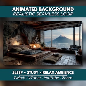 May include: An animated background featuring a bedroom with a low wooden bed, a stone wall, and a fireplace. A large window overlooks a snow-capped mountain at dusk. Text reads: ANIMATED BACKGROUND REALISTIC SEAMLESS LOOP, SLEEP STUDY RELAX AMBIENCE, Twitch VTuber YouTube Zoom.