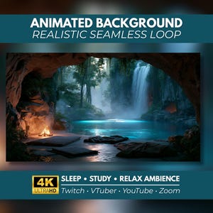 May include: An animated background featuring a realistic seamless loop of a waterfall cascading into a turquoise pool inside a dark cave. A small campfire glows on the sandy shore. Text reads: ANIMATED BACKGROUND REALISTIC SEAMLESS LOOP 4K ULTRAHD SLEEP STUDY RELAX AMBIENCE Twitch VTuber YouTube Zoom.