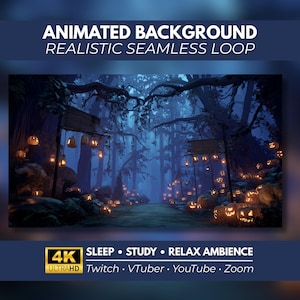 Può includere: Uno sfondo animato che mostra un sentiero boschivo scuro dai toni blu, illuminato da zucche luminose appese a insegne di legno e posate a terra. Il testo recita ANIMATED BACKGROUND REALISTIC SEAMLESS LOOP 4K ULTRAHD SLEEP STUDY RELAX AMBIENCE Twitch VTuber YouTube Zoom.