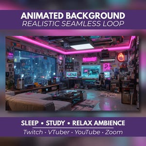 Può includere: Uno sfondo animato che mostra una stanza futuristica con una grande finestra affacciata su una città di notte. L'interno include una scrivania, una sedia da gaming, un'illuminazione al neon rosa e vari display elettronici con testo.