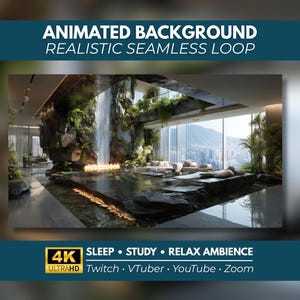 Peut inclure: Un arrière-plan animé en boucle transparente réaliste représentant un espace intérieur moderne avec une cascade, de la verdure et une vue sur les montagnes. Texte : ANIMATED BACKGROUND REALISTIC SEAMLESS LOOP 4K ULTRAHD SLEEP STUDY RELAX AMBIENCE Twitch VTuber YouTube Zoom.
