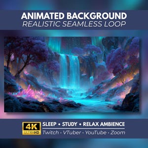 Puede incluir: Un fondo animado con una cascada que cae en una poza azul brillante, rodeada de árboles morados y cristales rosas bajo un cielo estrellado. Texto: ANIMATED BACKGROUND REALISTIC SEAMLESS LOOP, 4K ULTRAHD, SLEEP, STUDY, RELAX AMBIENCE, Twitch, VTuber, YouTube, Zoom.