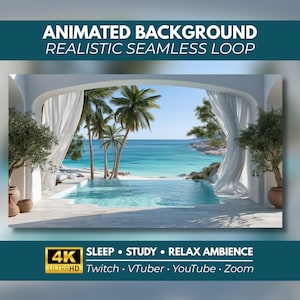 Puede incluir: Un fondo animado que muestra una vista a través de un arco blanco con cortinas ondeantes hacia una playa tropical con palmeras, una piscina y agua de mar turquesa. El texto dice: ANIMATED BACKGROUND REALISTIC SEAMLESS LOOP 4K ULTRAHD SLEEP STUDY RELAX AMBIENCE Twitch VTuber YouTube Zoom.
