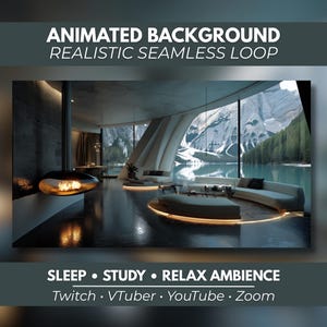 Peut inclure: Un arrière-plan animé montrant un salon moderne avec une cheminée suspendue, un canapé blanc incurvé et des baies vitrées donnant sur un lac de montagne. Le texte indique : ANIMATED BACKGROUND REALISTIC SEAMLESS LOOP SLEEP STUDY RELAX AMBIENCE Twitch VTuber YouTube Zoom.