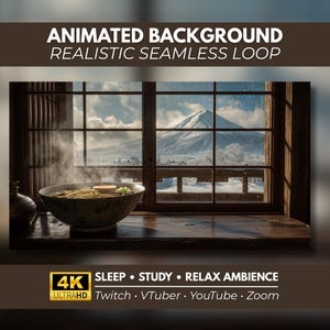 Animated Background 4K, Japanese Ramen & Mount Fuji Aesthetic Wallpaper, Kawaii Japan Loop Video, Twitch Zoom VTuber Background