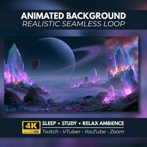 Puede incluir: Un fondo animado que muestra un paisaje espacial con un gran planeta con anillos, rocas flotantes y formaciones de cristales púrpuras brillantes en un terreno brumoso. Texto: ANIMATED BACKGROUND REALISTIC SEAMLESS LOOP 4K ULTRAHD SLEEP STUDY RELAX AMBIENCE Twitch VTuber YouTube Zoom.