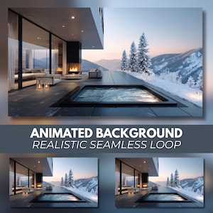 May include: An animated background featuring a modern luxury patio with a built-in hot tub, a fireplace, and glass walls overlooking a snowy mountain landscape with pine trees. The text reads: ANIMATED BACKGROUND REALISTIC SEAMLESS LOOP.