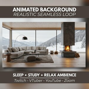 Può includere: Uno sfondo animato che mostra un soggiorno con un divano angolare beige, un tavolino in legno, un camino grigio scuro con fuoco visibile e grandi finestre che si affacciano su un paesaggio montano innevato. Testo: ANIMATED BACKGROUND REALISTIC SEAMLESS LOOP SLEEP STUDY RELAX AMBIENCE Twitch VTuber YouTube Zoom.