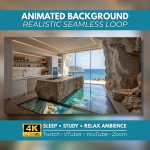 Könnte beinhalten: Ein animierter Hintergrund mit einer modernen Küche, einer großen Steininsel, einem Glasboden mit Blick auf das Meer und großen Fenstern. Der Text lautet: ANIMATED BACKGROUND REALISTIC SEAMLESS LOOP 4K ULTRAHD SLEEP STUDY RELAX AMBIENCE Twitch VTuber YouTube Zoom.