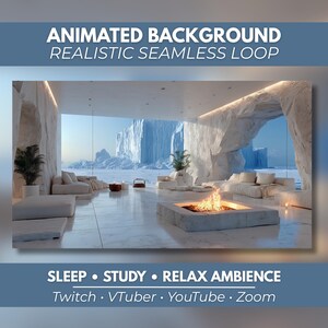 May include: An animated background featuring a realistic seamless loop of a modern interior with white stone walls, white sofas, and a central fire pit. The text reads: ANIMATED BACKGROUND REALISTIC SEAMLESS LOOP SLEEP STUDY RELAX AMBIENCE Twitch VTuber YouTube Zoom.