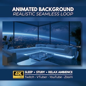 Puede incluir: Un fondo animado con una sala de estar moderna, un sofá seccional blanco y una mesa de centro de cristal con vistas a la Tierra de noche desde el espacio. Texto: ANIMATED BACKGROUND REALISTIC SEAMLESS LOOP, 4K ULTRAHD, SLEEP, STUDY, RELAX AMBIENCE, Twitch, VTuber, YouTube, Zoom.