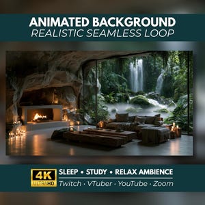 Puede incluir: Un fondo animado con un bucle continuo realista de un interior de cueva con chimenea, sofá y vista a una cascada en una selva exuberante. Texto: ANIMATED BACKGROUND REALISTIC SEAMLESS LOOP 4K ULTRAHD SLEEP STUDY RELAX AMBIENCE Twitch VTuber YouTube Zoom.