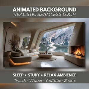 May include: An animated background featuring a modern living room with a white sofa, a coffee table, and a fireplace. A large window displays a mountain lake view. Text reads: ANIMATED BACKGROUND REALISTIC SEAMLESS LOOP, SLEEP • STUDY • RELAX AMBIENCE, Twitch • VTuber • YouTube • Zoom.