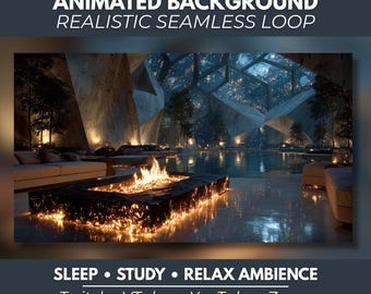 May include: An animated background featuring a rectangular black fire pit with bright orange flames, set in a modern lounge with a pool and geometric glass ceiling. Text reads: ANIMATED BACKGROUND REALISTIC SEAMLESS LOOP SLEEP STUDY RELAX AMBIENCE Twitch VTuber YouTube Zoom.