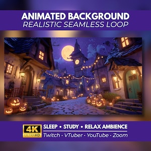 May include: An animated background featuring a Halloween village scene with a full moon, stone buildings, glowing jack-o'-lanterns, and string lights. Text includes ANIMATED BACKGROUND REALISTIC SEAMLESS LOOP, 4K ULTRAHD, SLEEP, STUDY, RELAX AMBIENCE, Twitch, VTuber, YouTube, Zoom.
