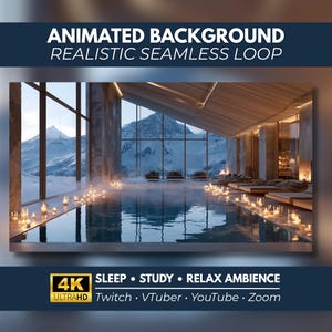 Puede incluir: Un fondo animado que presenta un bucle realista y continuo de una piscina interior de noche. Grandes ventanales dan a montañas nevadas. La piscina está bordeada por numerosas velas encendidas, creando un brillo cálido sobre tonos azules.
