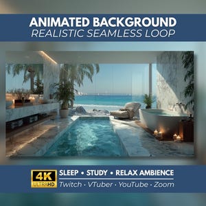 Può includere: Uno sfondo animato con un loop realistico e continuo di un bagno di lusso con pavimento in marmo, vasca bianca e piscina affacciata su una spiaggia tropicale. Testo: ANIMATED BACKGROUND REALISTIC SEAMLESS LOOP 4K ULTRAHD SLEEP STUDY RELAX AMBIENCE Twitch VTuber YouTube Zoom.
