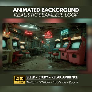 May include: An animated background featuring a dimly lit, retro arcade interior with multiple vintage gaming cabinets, neon signage, and small stools. The scene includes text overlays reading ANIMATED BACKGROUND REALISTIC SEAMLESS LOOP and 4K ULTRAHD SLEEP STUDY RELAX AMBIENCE Twitch VTuber YouTube Zoom.
