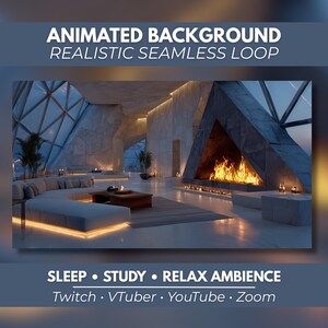 Può includere: Uno sfondo animato con interni moderni, un camino triangolare, un grande divano angolare bianco e un'illuminazione calda a pavimento. Testo: ANIMATED BACKGROUND REALISTIC SEAMLESS LOOP, SLEEP • STUDY • RELAX AMBIENCE, Twitch • VTuber • YouTube • Zoom.