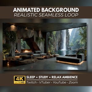 May include: An animated background featuring a realistic seamless loop of a modern interior with a fireplace and a large window overlooking a waterfall. Text includes ANIMATED BACKGROUND REALISTIC SEAMLESS LOOP, 4K ULTRAHD, SLEEP, STUDY, RELAX AMBIENCE, Twitch, VTuber, YouTube, Zoom.