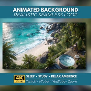 Fondo animado 4K, olas azules en jacuzzi, spa en playa tropical, jacuzzi de lujo frente al mar, bucle continuo, fondo para VTuber de Twitch Zoom