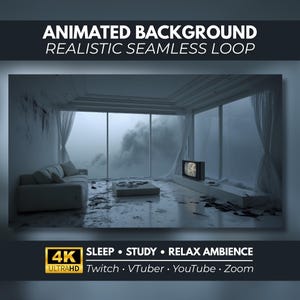 Puede incluir: Un fondo animado que muestra una sala de estar con un sofá blanco, una mesa baja y un televisor. Grandes ventanales revelan un cielo nublado. El texto dice: ANIMATED BACKGROUND REALISTIC SEAMLESS LOOP, 4K ULTRAHD, SLEEP, STUDY, RELAX AMBIENCE, Twitch, VTuber, YouTube, Zoom.