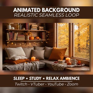 Puede incluir: Un fondo animado que muestra una habitación acogedora con un estante de madera con libros y calabazas, una ventana con vista a árboles otoñales y una zona de estar con cojines, mantas y velas. Texto: ANIMATED BACKGROUND REALISTIC SEAMLESS LOOP SLEEP STUDY RELAX AMBIENCE Twitch VTuber YouTube Zoom.