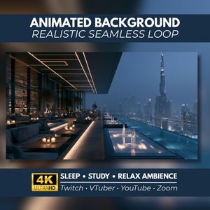 Può includere: Uno sfondo animato con una terrazza notturna, illuminazione lineare, sedute scure e vista sulla città con un grattacielo. Testo: ANIMATED BACKGROUND REALISTIC SEAMLESS LOOP, 4K ULTRAHD SLEEP STUDY RELAX AMBIENCE Twitch VTuber YouTube Zoom.
