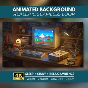 Könnte beinhalten: Ein animierter Hintergrund mit einem Retro-Schreibtisch-Setup, einem Röhrenmonitor mit einem 2D-Plattformspiel, einer mechanischen Tastatur und einer Handheld-Konsole. Text: ANIMATED BACKGROUND REALISTIC SEAMLESS LOOP 4K ULTRAHD SLEEP STUDY RELAX AMBIENCE Twitch VTuber YouTube Zoom.