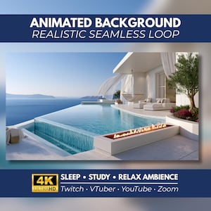 Pode incluir: Um fundo animado com um loop realista de uma piscina de borda infinita de luxo com vista para o oceano. A cena inclui um pátio moderno com móveis brancos, uma lareira e cortinas. Texto: ANIMATED BACKGROUND REALISTIC SEAMLESS LOOP 4K ULTRAHD SLEEP STUDY RELAX AMBIENCE Twitch VTuber YouTube Zoom.