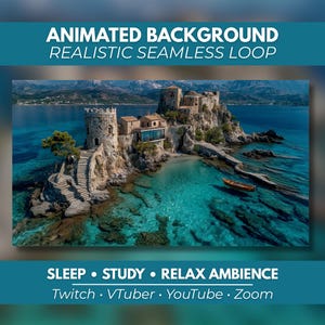 Puede incluir: Fondo animado con un bucle continuo realista de un castillo de piedra en una isla rocosa rodeada de agua turquesa. Texto: ANIMATED BACKGROUND REALISTIC SEAMLESS LOOP, SLEEP STUDY RELAX AMBIENCE, Twitch VTuber YouTube Zoom.
