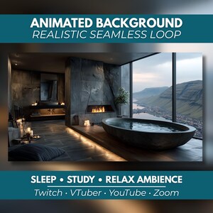Könnte beinhalten: Ein animierter Hintergrund als realistische Endlosschleife eines dunklen Steinbadezimmers mit großer ovaler Badewanne, Kamin und Panoramablick auf Stadt und Berge. Text: ANIMATED BACKGROUND REALISTIC SEAMLESS LOOP SLEEP STUDY RELAX AMBIENCE Twitch VTuber YouTube Zoom.