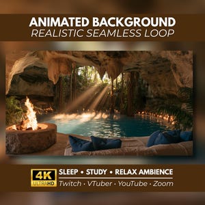 May include: Animated background featuring a cave with a pool of water, a stone fire pit with flames, and blue cushions. Text reads: ANIMATED BACKGROUND REALISTIC SEAMLESS LOOP, 4K ULTRAHD SLEEP STUDY RELAX AMBIENCE Twitch VTuber YouTube Zoom.