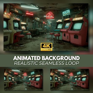 Può includere: Uno sfondo animato che raffigura una sala giochi disordinata e scarsamente illuminata con diversi cabinati per videogiochi vintage, insegne al neon rosse e piccoli sgabelli. L'immagine include il testo 4K ULTRAHD, ANIMATED BACKGROUND e REALISTIC SEAMLESS LOOP.