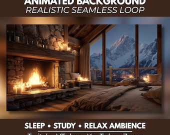 May include: An animated background featuring a cozy room with a stone fireplace, a burning fire, and large windows overlooking snow-capped mountains. Text reads: ANIMATED BACKGROUND REALISTIC SEAMLESS LOOP and SLEEP STUDY RELAX AMBIENCE Twitch VTuber YouTube Zoom.
