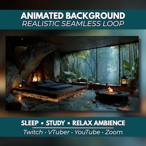 May include: An animated background featuring a bedroom interior with a stone fireplace, a low platform bed, and a large window overlooking a bamboo forest. Text reads: ANIMATED BACKGROUND REALISTIC SEAMLESS LOOP, SLEEP • STUDY • RELAX AMBIENCE, Twitch • VTuber • YouTube • Zoom.