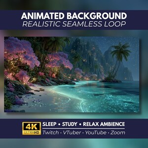 Puede incluir: Un fondo animado que muestra una playa tropical de noche con agua turquesa brillante, árboles morados y acantilados rocosos bajo un cielo estrellado. Texto: ANIMATED BACKGROUND REALISTIC SEAMLESS LOOP, 4K ULTRAHD SLEEP STUDY RELAX AMBIENCE.