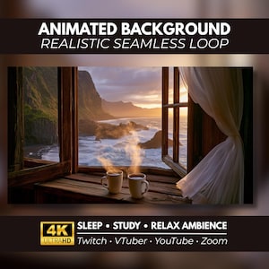 Op de afbeelding: Geanimeerde achtergrond met de tekst ANIMATED BACKGROUND REALISTIC SEAMLESS LOOP. Een uitzicht vanuit een houten raam toont een rotsachtige kustlijn bij zonsondergang met twee dampende mokken op de vensterbank. Tekst onderaan leest 4K ULTRAHD SLEEP STUDY RELAX AMBIENCE Twitch VTuber YouTube Zoom.