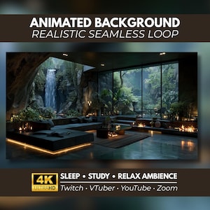 May include: An animated background featuring a realistic seamless loop of a modern living room with a waterfall view. Text reads: ANIMATED BACKGROUND REALISTIC SEAMLESS LOOP, 4K ULTRAHD, SLEEP, STUDY, RELAX AMBIENCE, Twitch, VTuber, YouTube, Zoom.