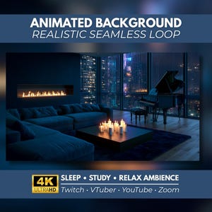 May include: An animated background featuring a dark room with a grand piano, a long fireplace, and a coffee table with lit candles. The text reads: ANIMATED BACKGROUND REALISTIC SEAMLESS LOOP, 4K ULTRAHD SLEEP STUDY RELAX AMBIENCE Twitch VTuber YouTube Zoom.