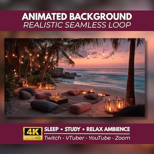 Animerad romantisk strandbakgrund 4K, havsvågsloop, tropisk solnedgångsscen, videobakgrund, Twitch Zoom VTuber-bakgrund