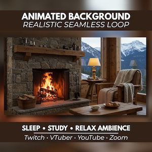 Animated Background – Cozy Luxury Mountain Retreat, Fireplace View, Full HD Seamless Loop Video for Streaming & VTuber